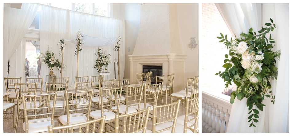 Ceremony set up for a jewish wedding in a private home in Dunwoody Georgia. There are gold chairs, and white flowers decorating the chuppah.