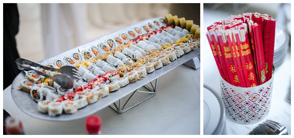 Sushi tray served during cocktail hour at Atlanta wedding. 