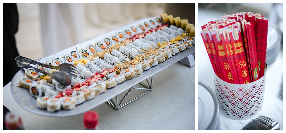 Sushi tray served during cocktail hour at Atlanta wedding.