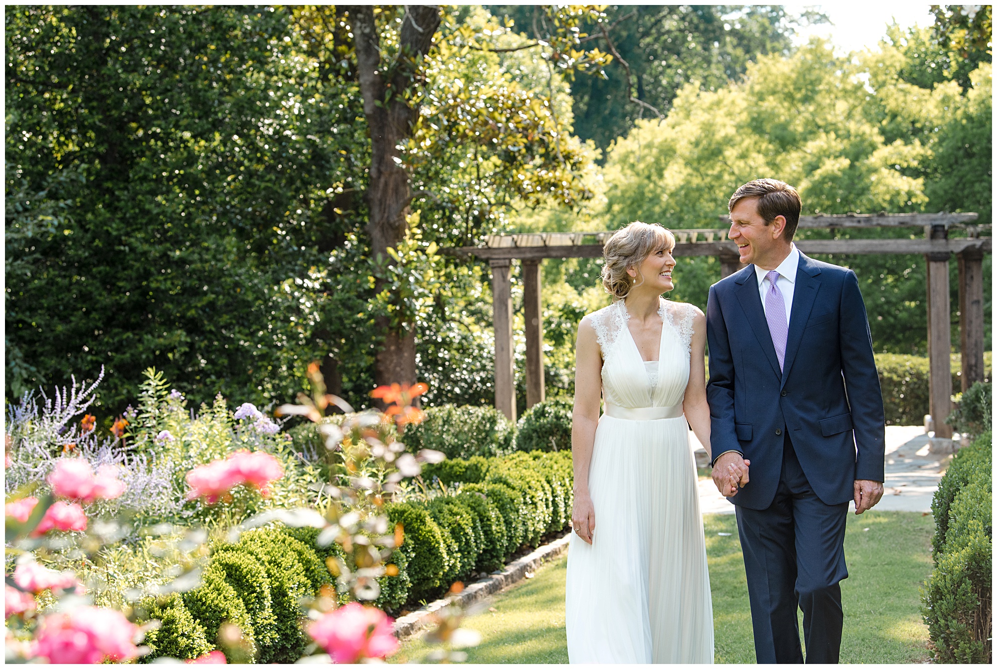 Outdoor couples portrait in the Callanwolde Fine Arts Center Garden